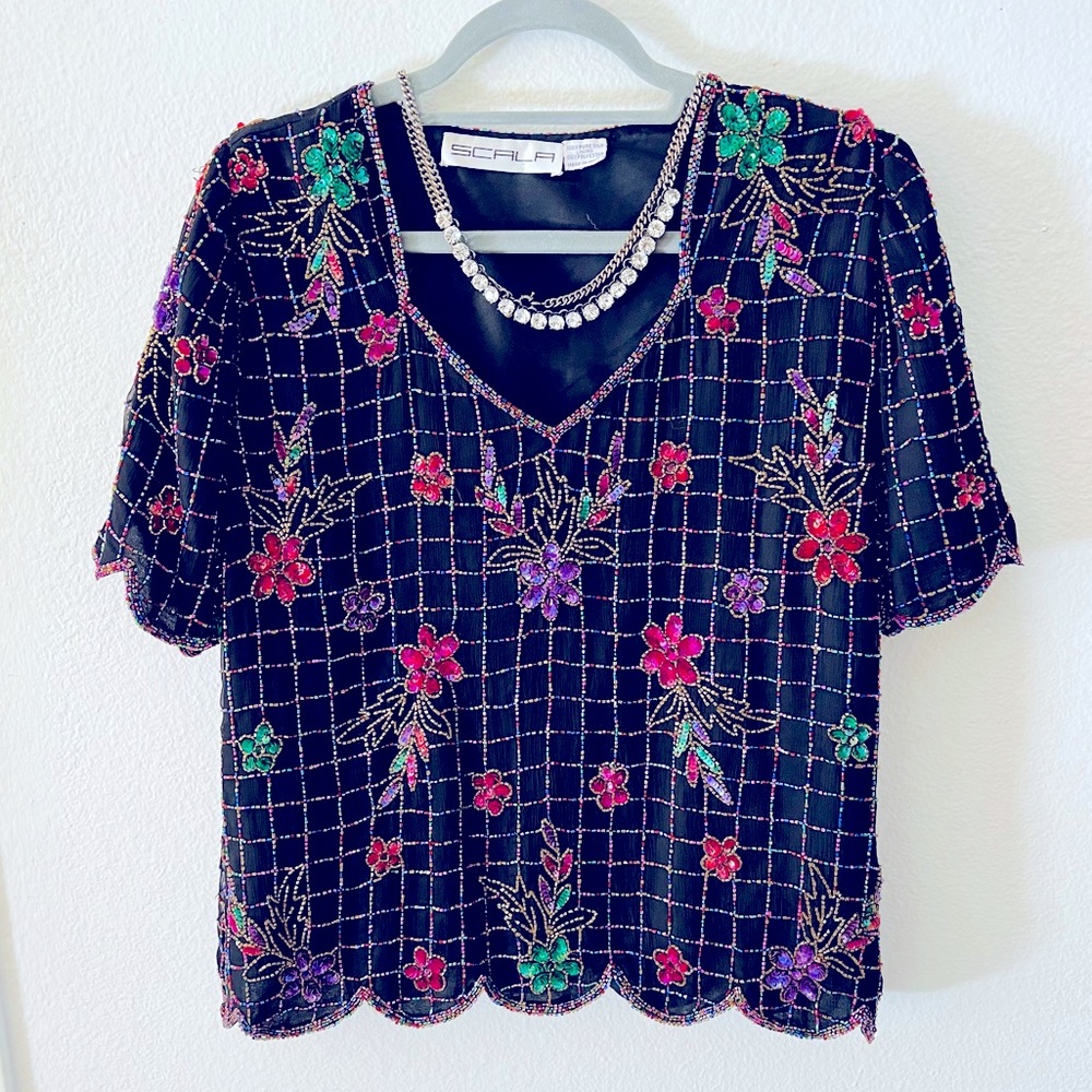 SCALA Silk Sequin Floral Beaded Shirt Pink Black